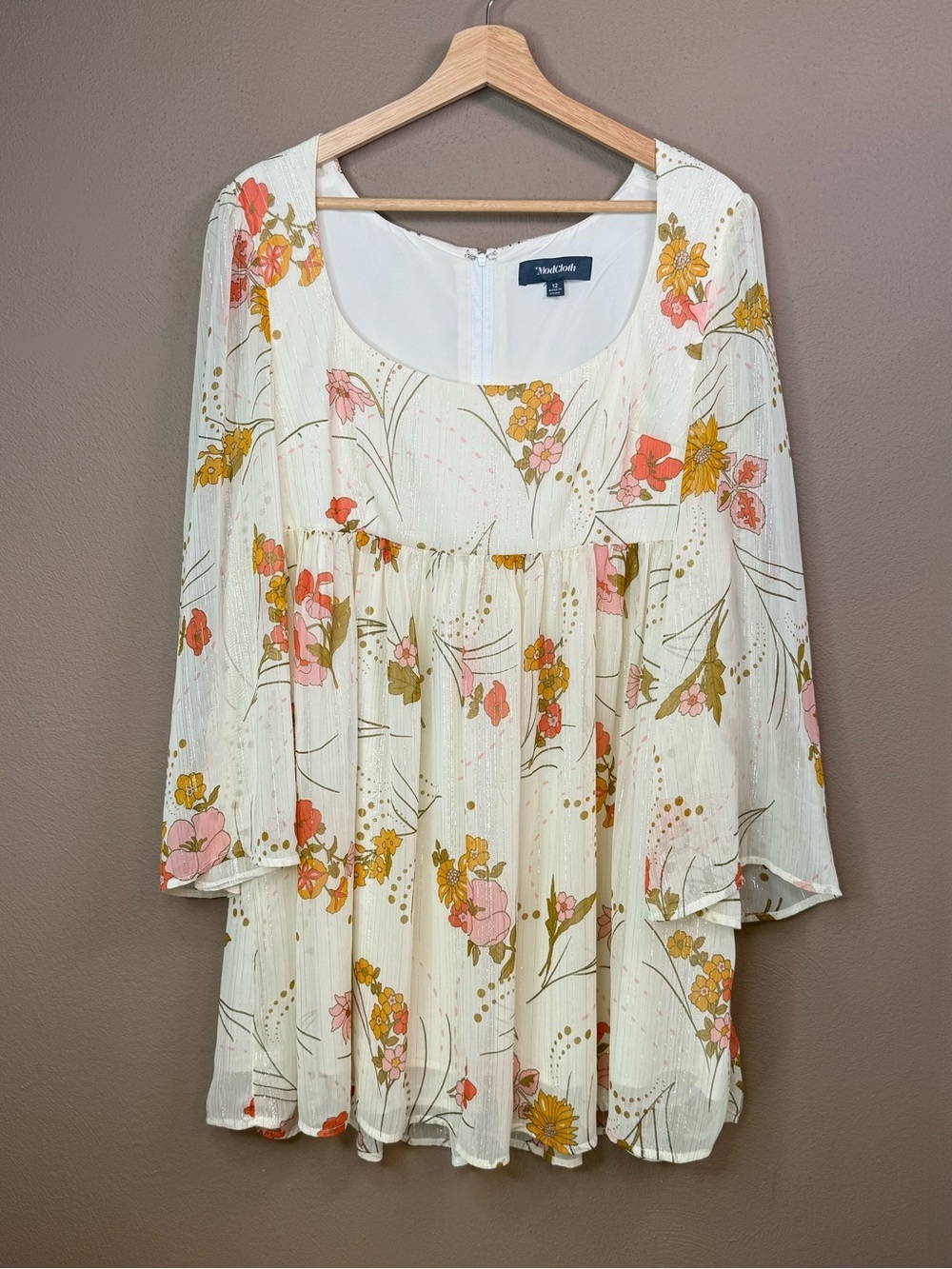 ModCloth Boho Empire Waist Flowy Floral Baby Doll Dress Bell Sleeves Size 12 - Picture 5 of 16